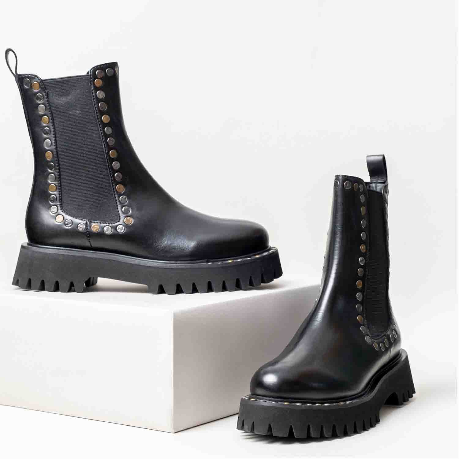 Saint Jessica Metal Studded High Ankle Leather Boots - Edgy and stylish high ankle boots with metal studs for a bold fashion statement