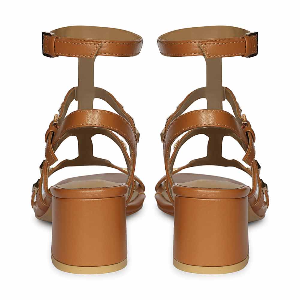 Saint Angela Tan Leather Metal Studded Block Heels