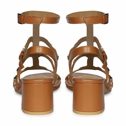 Saint Angela Tan Leather Metal Studded Block Heels
