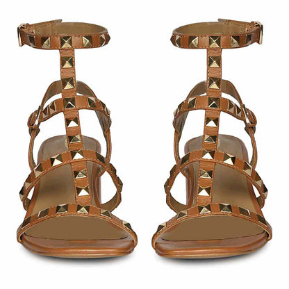 Saint Angela Tan Leather Metal Studded Block Heels