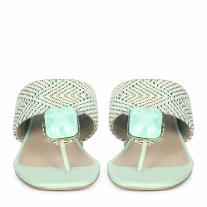 Saint Stevie Stone Jeweled Turquoise Raffia Block Heels