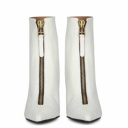 Saint Rose White Leather Front Zipper Pointed Toe Heel Boots