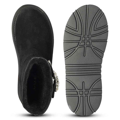 Saint Nordova Crystal Buckle Black Suede Leather Snug Boots