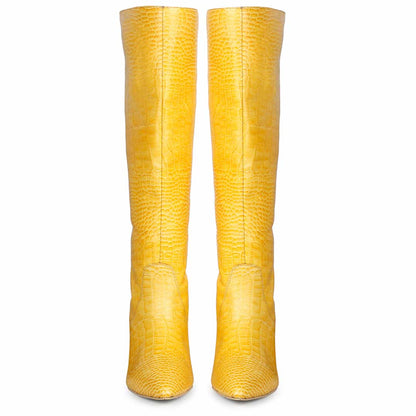 Saint Adella Croco Embossed Yellow Leather Long Boots