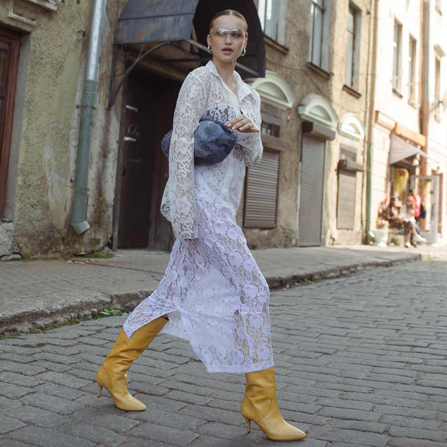 Saint Adella Croco Embossed Yellow Leather Long Boots