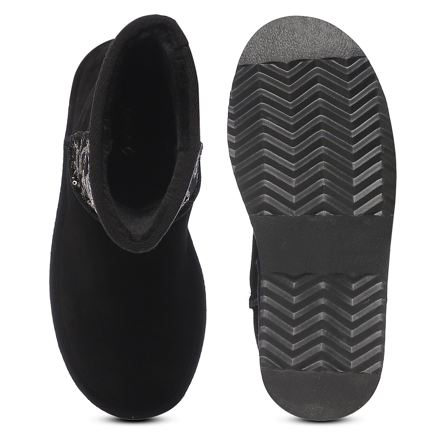 "Saint Corah Sequins Black Snug Boots: Stylish and comfortable women's footwear with sequin embellishments for a touch of glam."