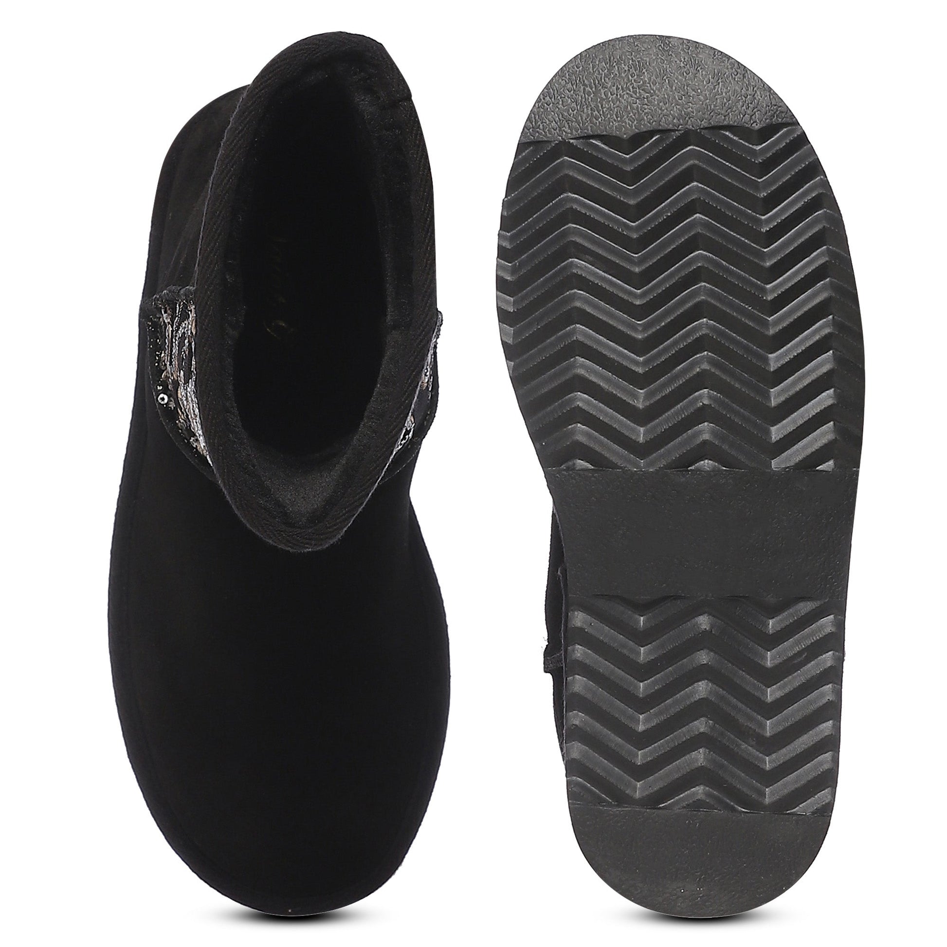 "Saint Corah Sequins Black Snug Boots: Stylish and comfortable women's footwear with sequin embellishments for a touch of glam."