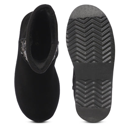 "Saint Corah Sequins Black Snug Boots: Stylish and comfortable women's footwear with sequin embellishments for a touch of glam."