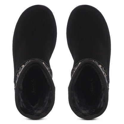 "Saint Corah Sequins Black Snug Boots: Stylish and comfortable women's footwear with sequin embellishments for a touch of glam."