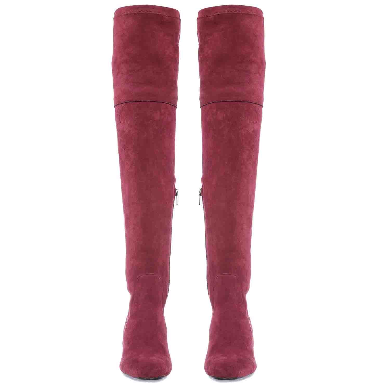 Maroon stretch suede above-the-knee thigh-high boots by Saint Luisa - Elegant and comfortable fashion footwear for a chic look.