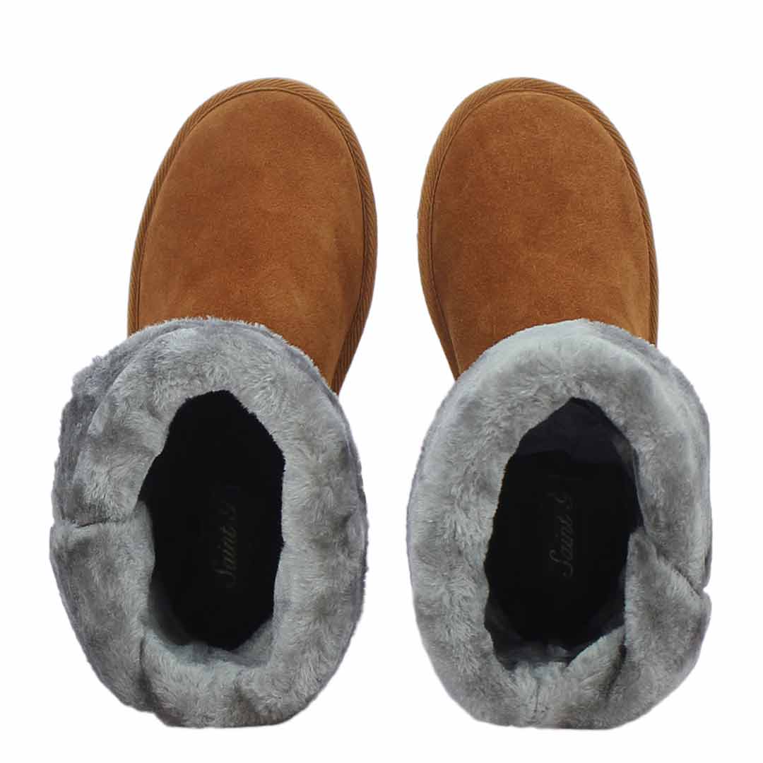 Chic Saint Aurelia Tan Suede Snug Boots with Buckle Detail - Stylish and comfortable leather footwear for a fashionable look